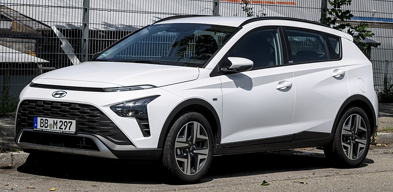 White Hyundai Bayon, front three-quarter view