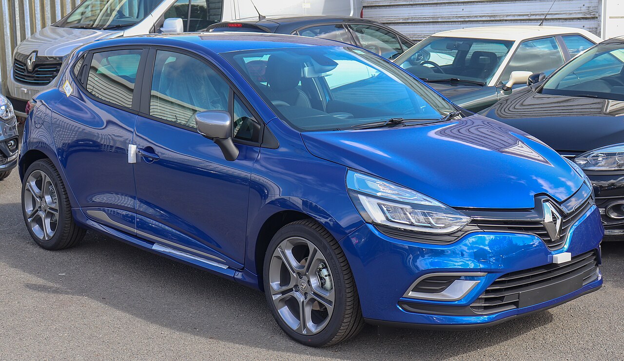 Blue Renault Clio hatchback, front three-quarter view