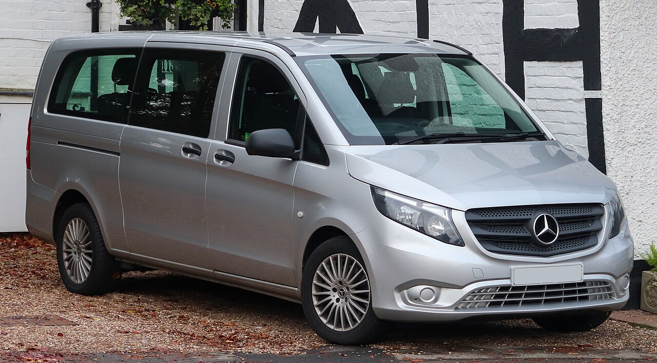 Silver Mercedes-Benz Vito Tourer, front three-quarter view